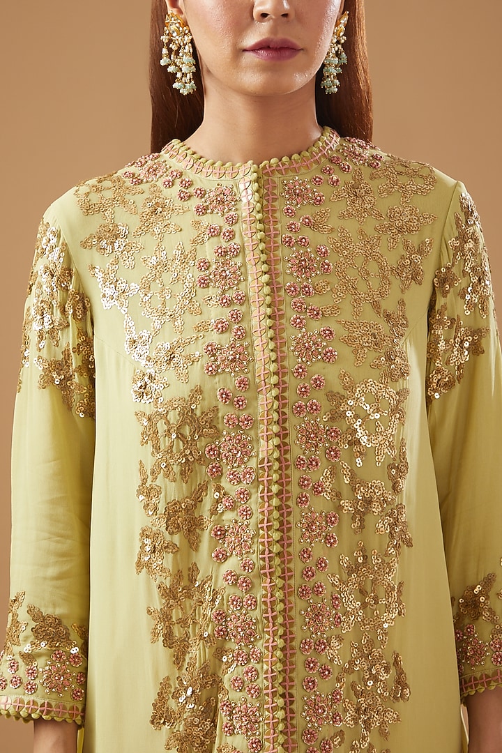 Pista Green Chanderi Embroidered Jacket Set by Debyani at Pernia's Pop Up Shop