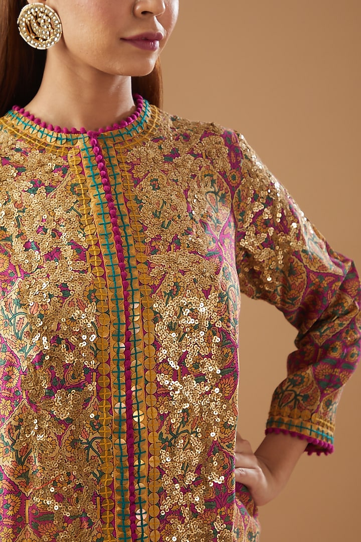Multi-Colored Chanderi Embroidered & Printed Jacket Set by Debyani at Pernia's Pop Up Shop