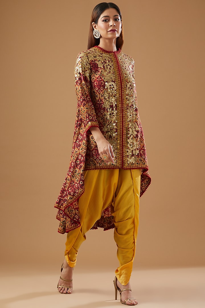 Multi-Colored Chanderi Embroidered & Printed Jacket Set by Debyani