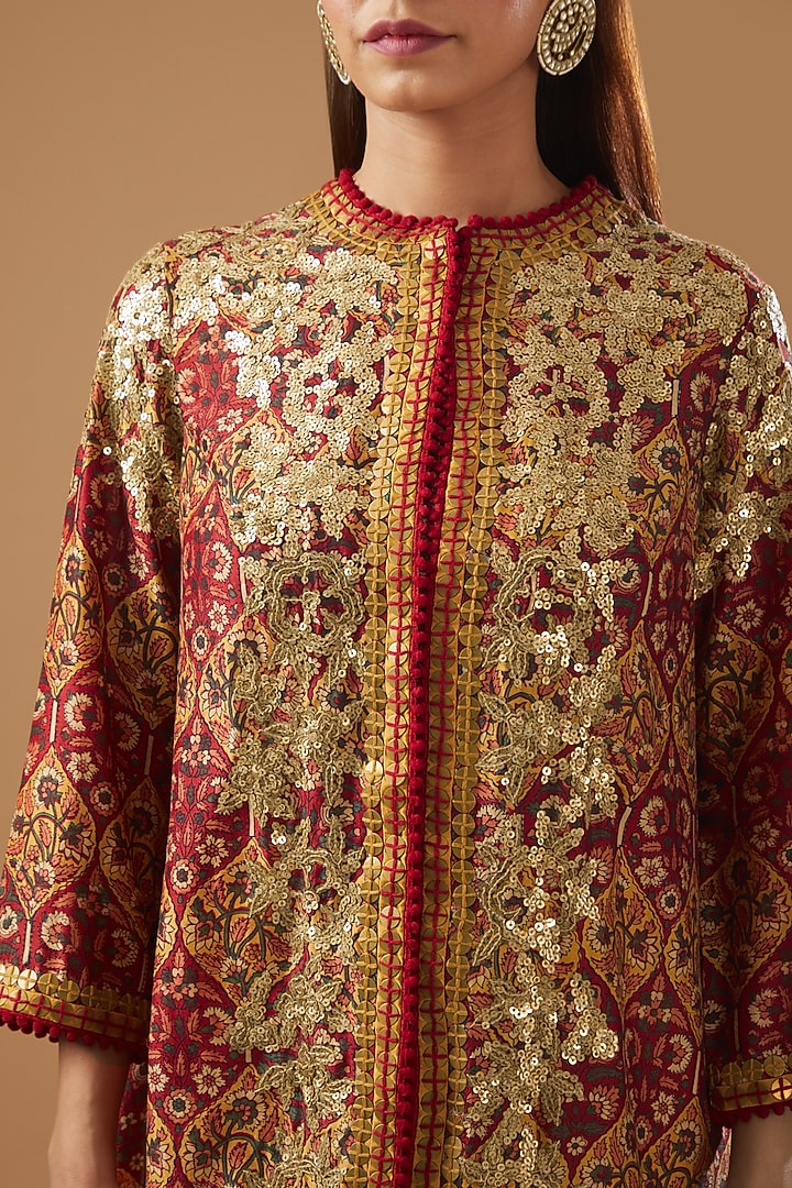 Multi-Colored Chanderi Embroidered & Printed Jacket Set by Debyani at Pernia's Pop Up Shop