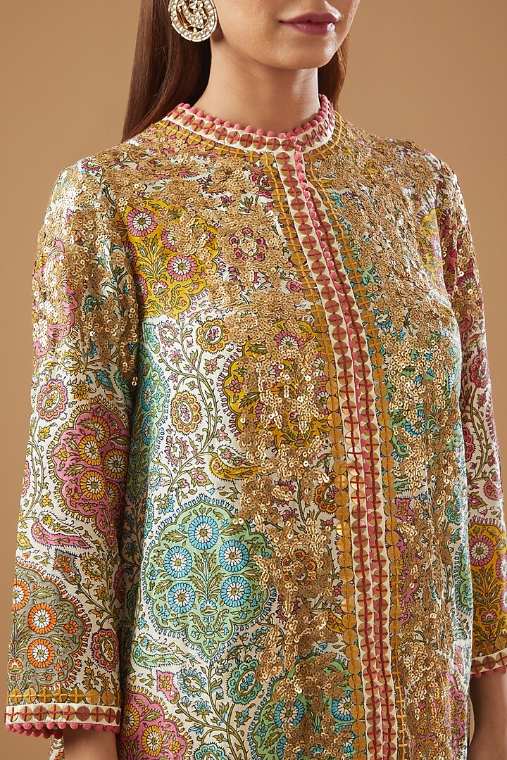 Multi-Colored Chanderi Embroidered & Printed Jacket Set by Debyani at Pernia's Pop Up Shop