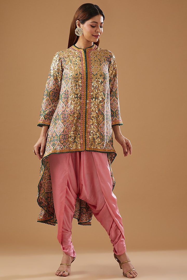 Multi-Colored Chanderi Embroidered & Printed Jacket Set by Debyani