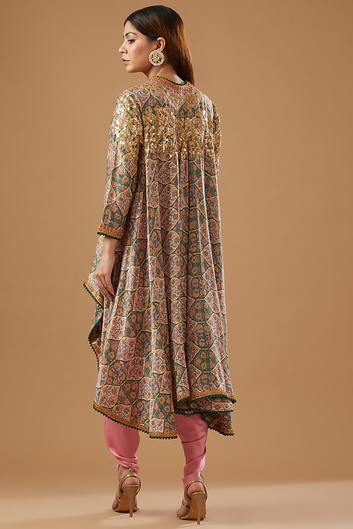 Multi-Colored Chanderi Embroidered & Printed Jacket Set by Debyani at Pernia's Pop Up Shop