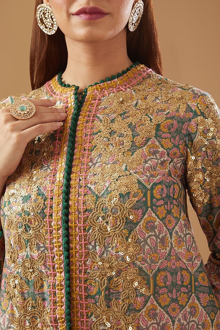 Multi-Colored Chanderi Embroidered & Printed Jacket Set by Debyani at Pernia's Pop Up Shop