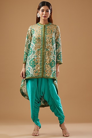 Multi-Colored Chanderi Embroidered & Printed Jacket Set by Debyani
