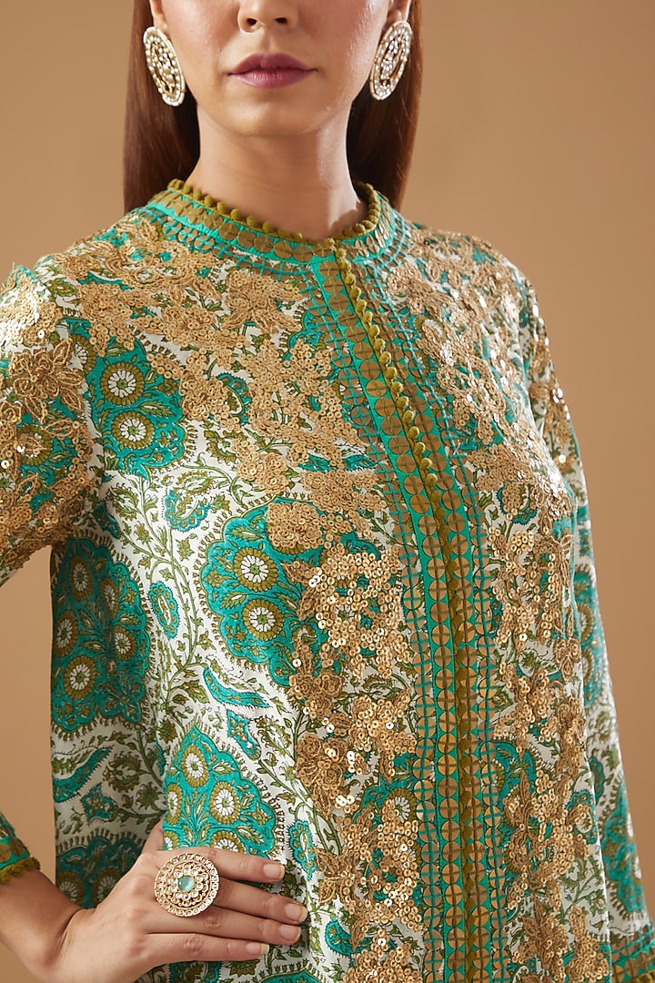 Multi-Colored Chanderi Embroidered & Printed Jacket Set by Debyani at Pernia's Pop Up Shop