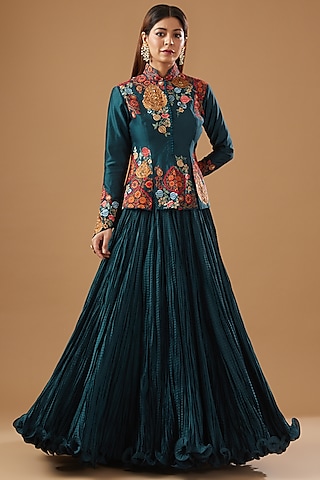 Blue Chanderi Crushed Skirt Set by Debyani