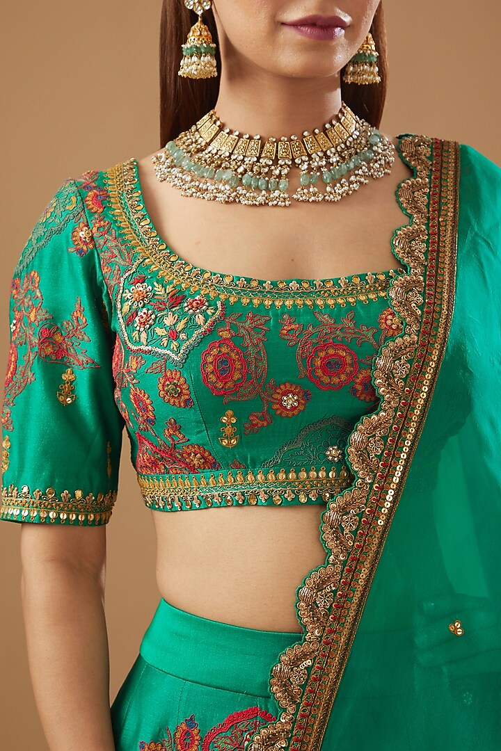 Green Chanderi Embroidered Wedding Lehenga Set by Debyani at Pernia's Pop Up Shop