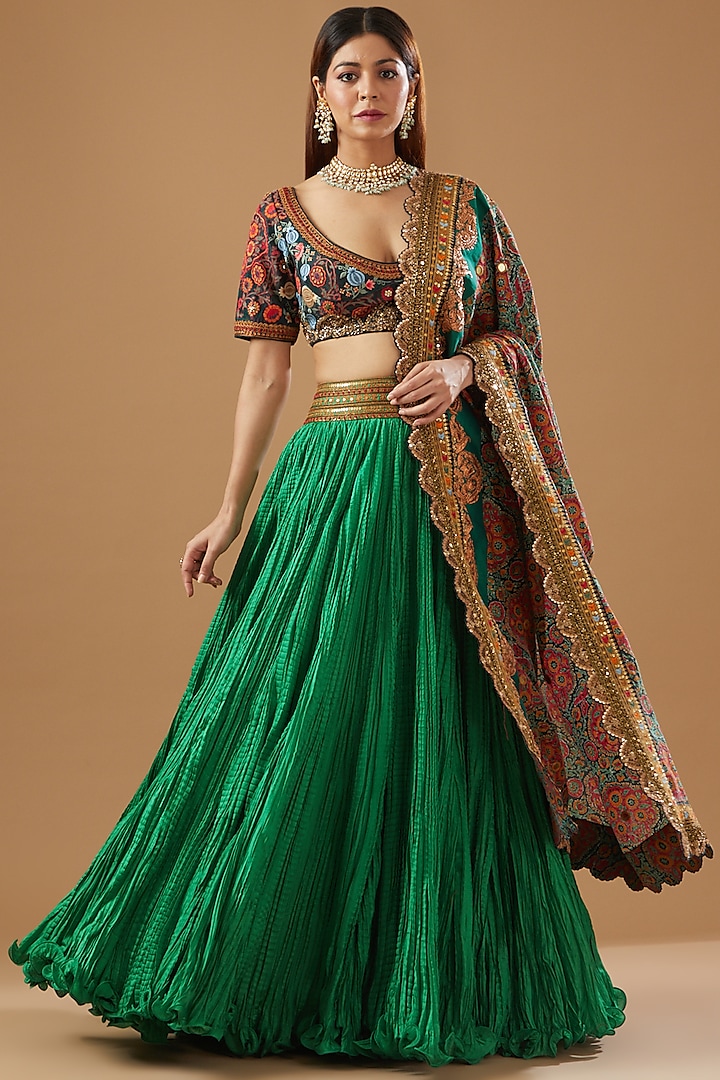 Green Crushed Chanderi Wedding Lehenga Set by Debyani at Pernia's Pop Up Shop