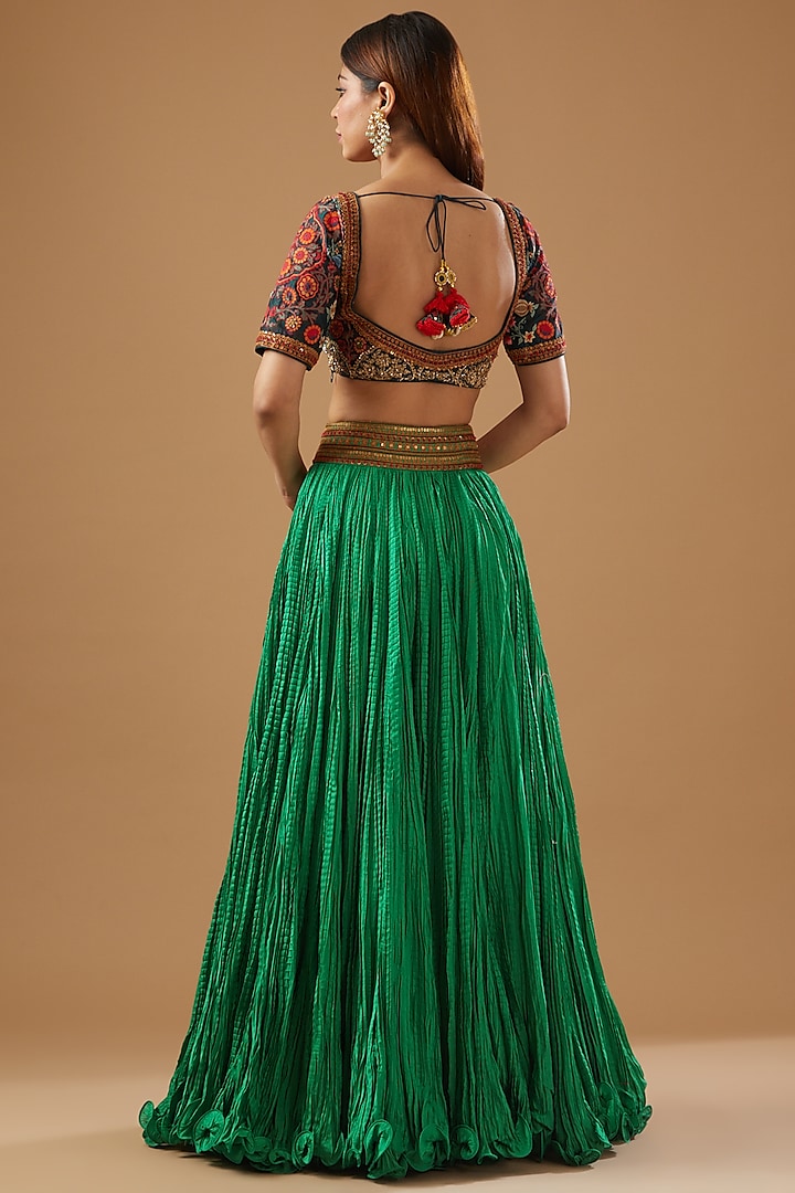 Green Crushed Chanderi Wedding Lehenga Set by Debyani at Pernia's Pop Up Shop