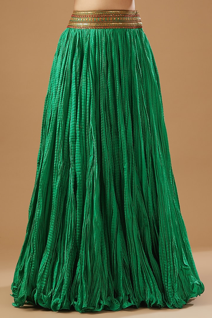 Green Crushed Chanderi Wedding Lehenga Set by Debyani at Pernia's Pop Up Shop