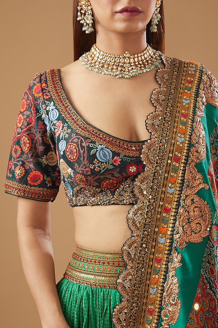 Green Crushed Chanderi Wedding Lehenga Set by Debyani at Pernia's Pop Up Shop