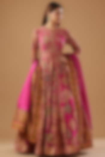 Pink Chanderi Embroidered & Printed Anarkali Set by Debyani at Pernia's Pop Up Shop