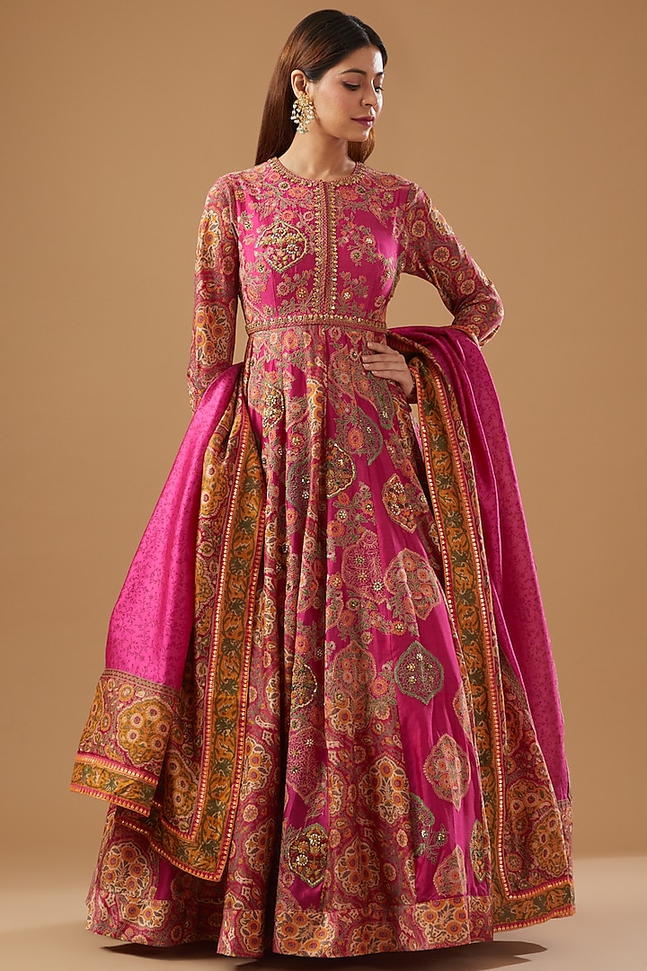 Pink Chanderi Embroidered & Printed Anarkali Set by Debyani at Pernia's Pop Up Shop