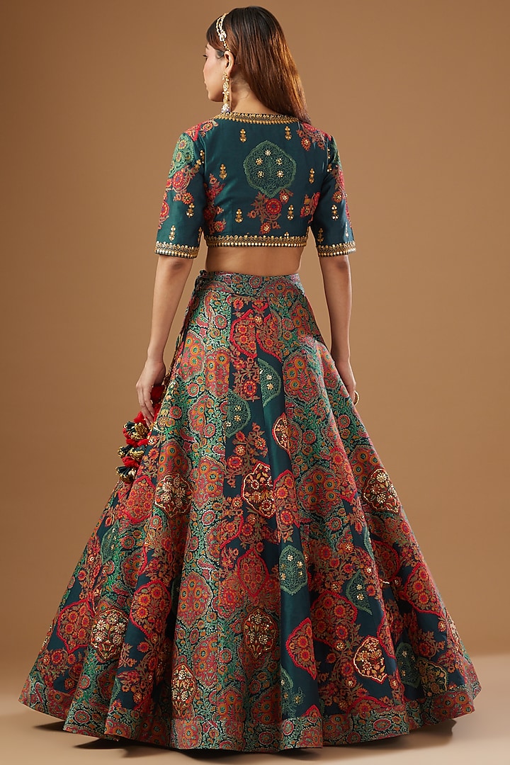 Blue Chanderi Embroidered & Printed Bridal Lehenga Set by Debyani at Pernia's Pop Up Shop