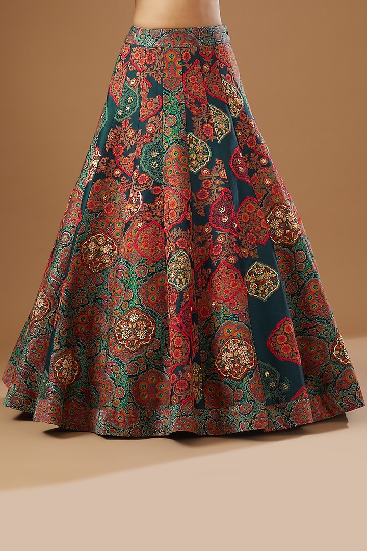 Blue Chanderi Embroidered & Printed Bridal Lehenga Set by Debyani at Pernia's Pop Up Shop
