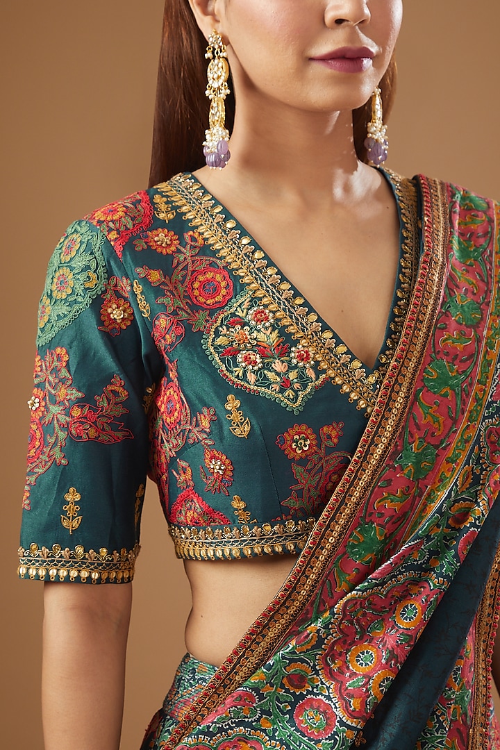 Blue Chanderi Embroidered & Printed Bridal Lehenga Set by Debyani at Pernia's Pop Up Shop
