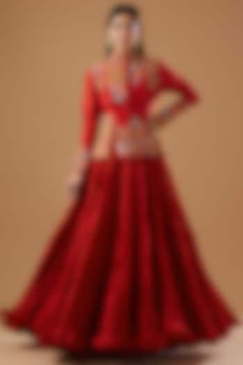 Red Chanderi Crushed Skirt Set by Debyani