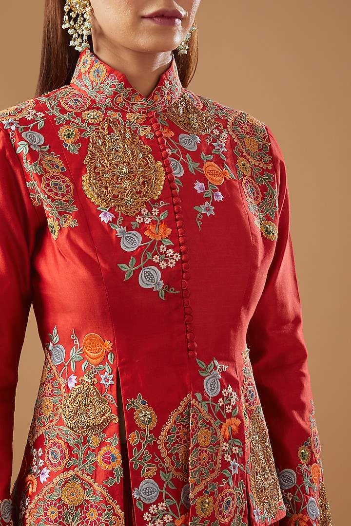 Red Chanderi Crushed Skirt Set by Debyani at Pernia's Pop Up Shop