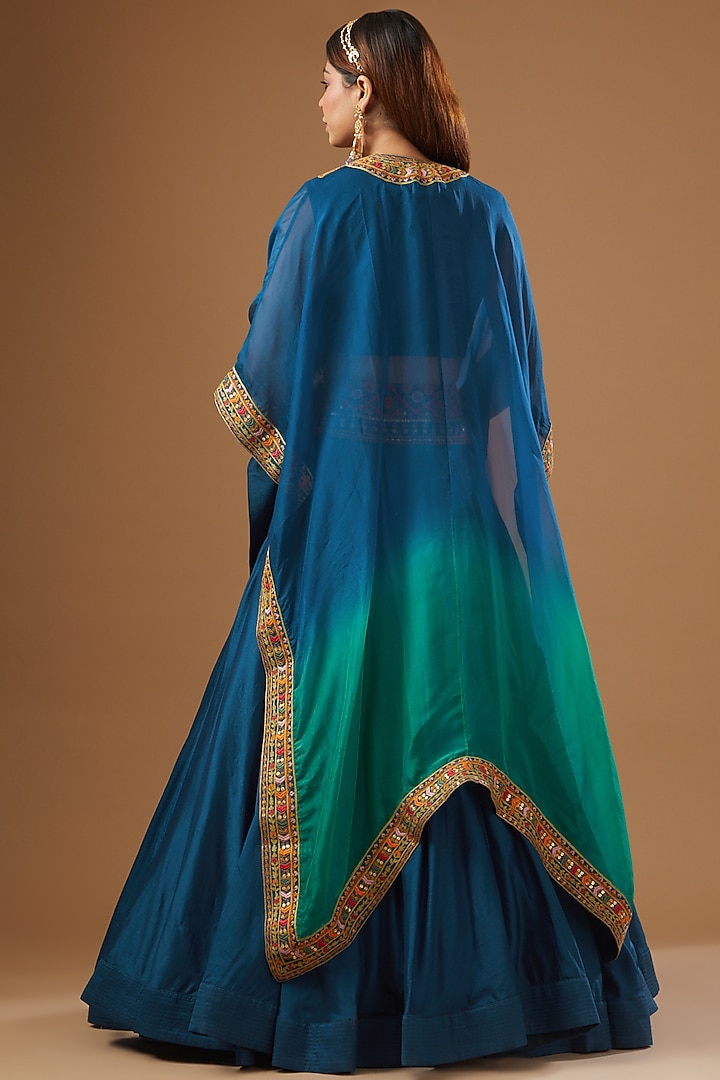 Blue Chanderi Embroidered Jacket Wedding Lehenga Set by Debyani at Pernia's Pop Up Shop