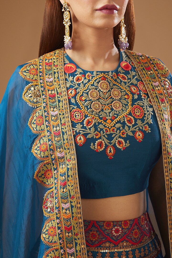Blue Chanderi Embroidered Jacket Wedding Lehenga Set by Debyani at Pernia's Pop Up Shop