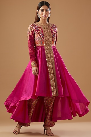 Pink Chanderi Embroidered Tunic Set by Debyani