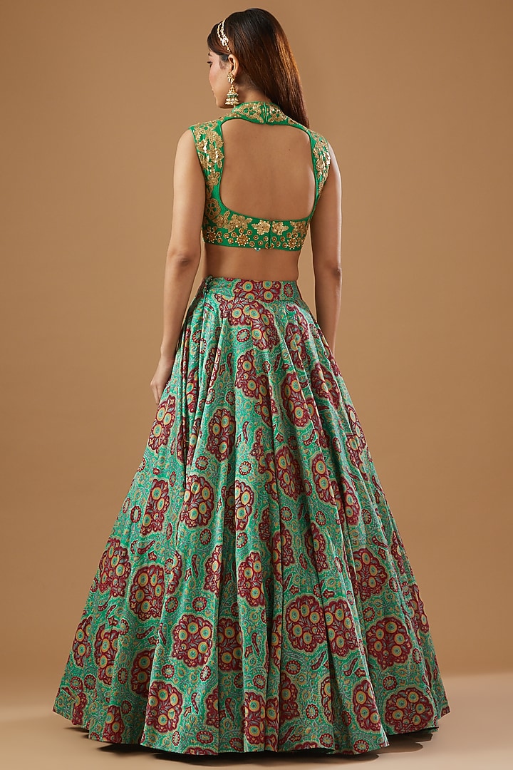 Green Chanderi Mughal Printed Wedding Lehenga Set by Debyani at Pernia's Pop Up Shop