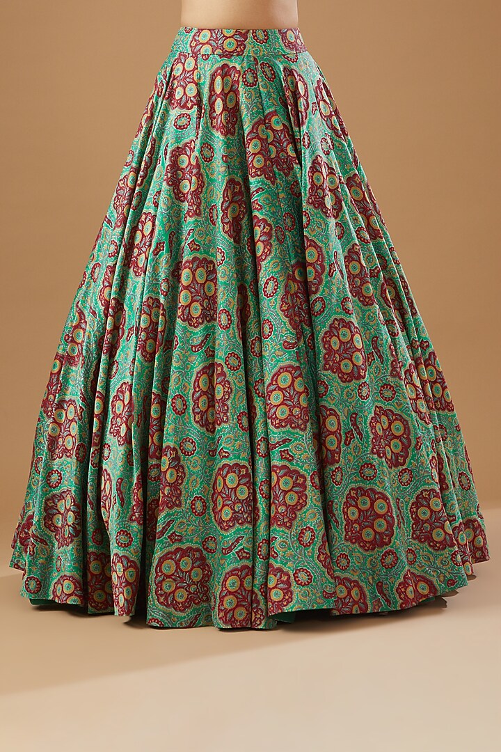 Green Chanderi Mughal Printed Wedding Lehenga Set by Debyani at Pernia's Pop Up Shop