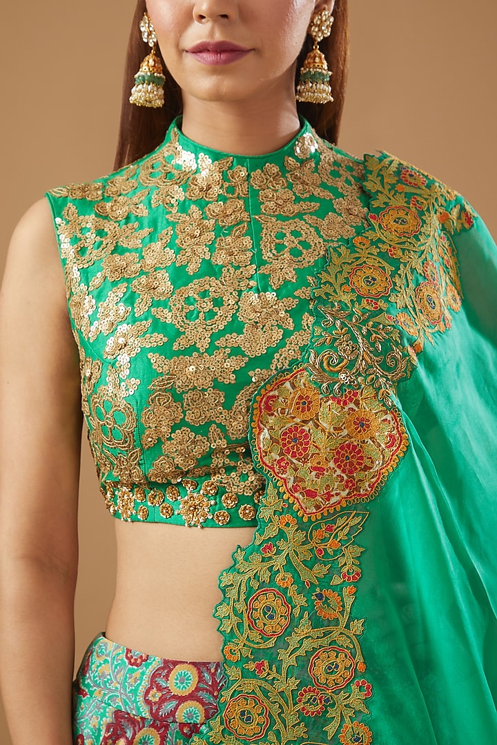 Green Chanderi Mughal Printed Wedding Lehenga Set by Debyani at Pernia's Pop Up Shop