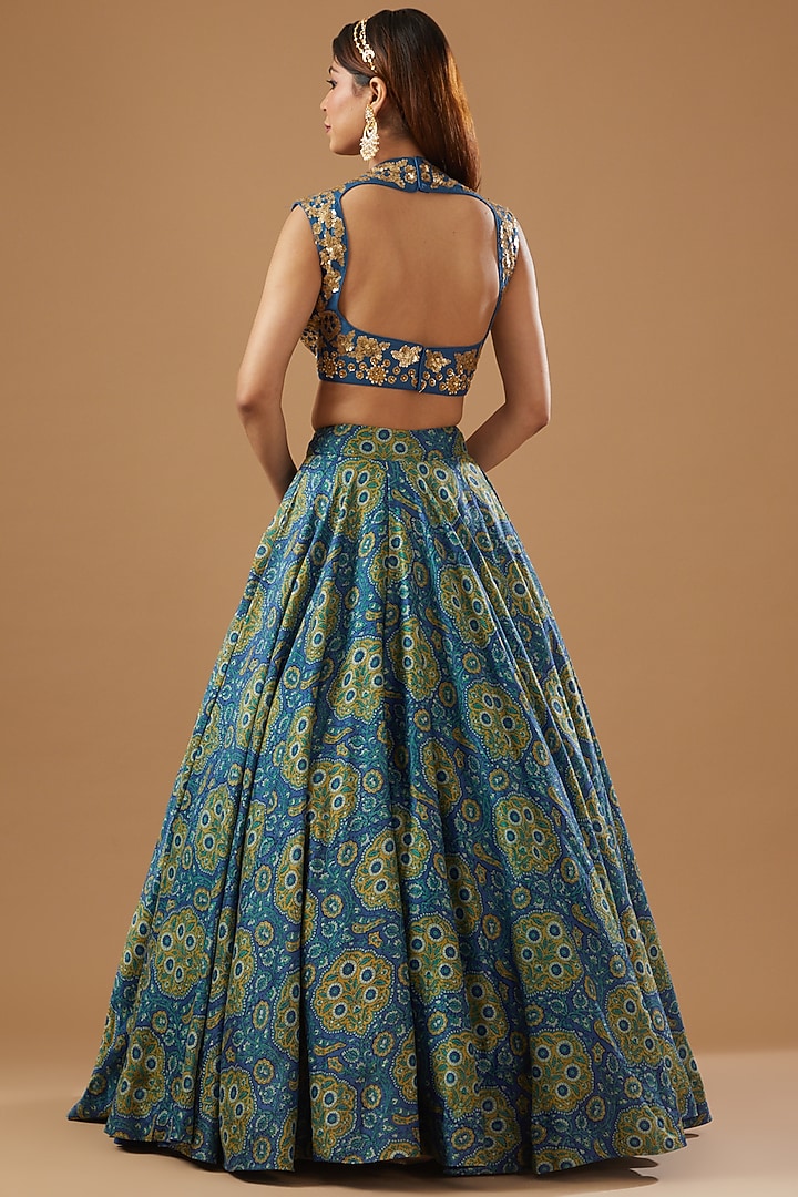 Blue Chanderi Mughal Printed Wedding Lehenga Set by Debyani at Pernia's Pop Up Shop