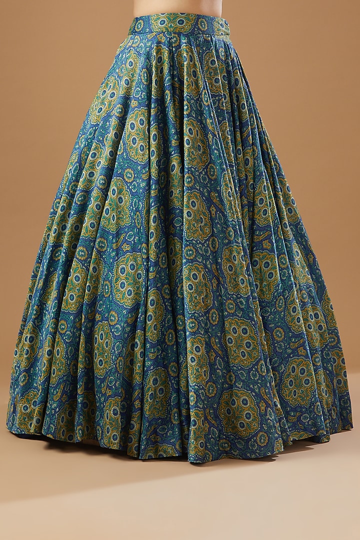 Blue Chanderi Mughal Printed Wedding Lehenga Set by Debyani at Pernia's Pop Up Shop