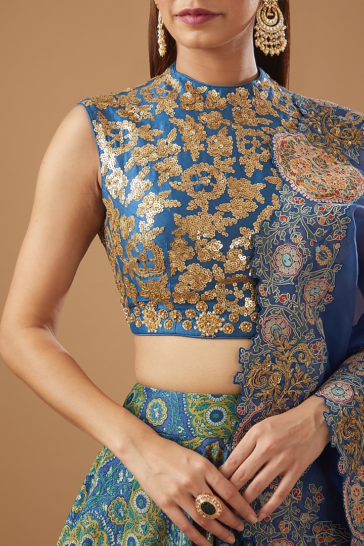 Blue Chanderi Mughal Printed Wedding Lehenga Set by Debyani at Pernia's Pop Up Shop