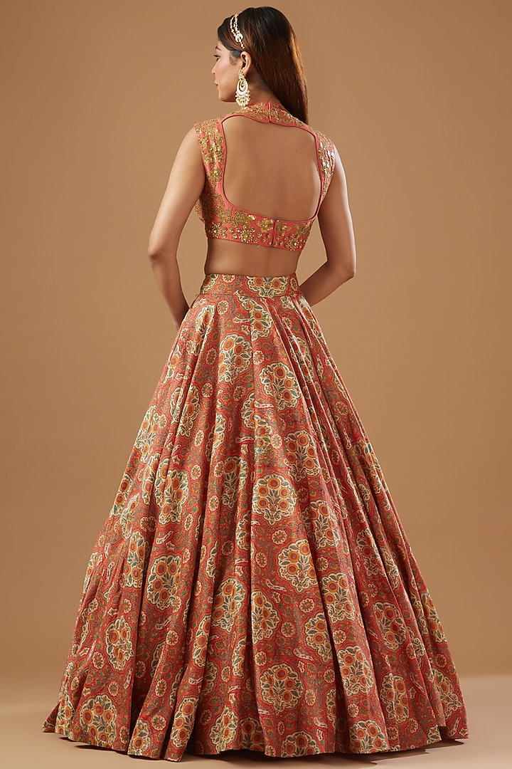Peach Chanderi Mughal Printed Wedding Lehenga Set by Debyani at Pernia's Pop Up Shop