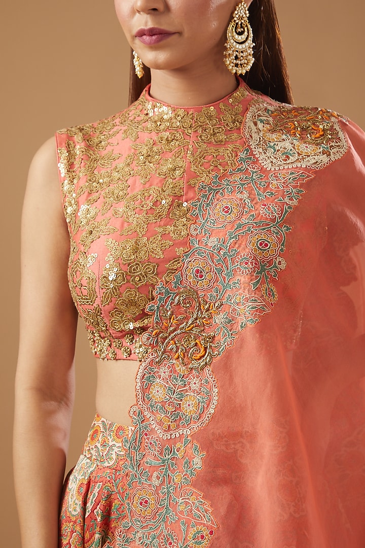 Peach Chanderi Mughal Printed Wedding Lehenga Set by Debyani at Pernia's Pop Up Shop