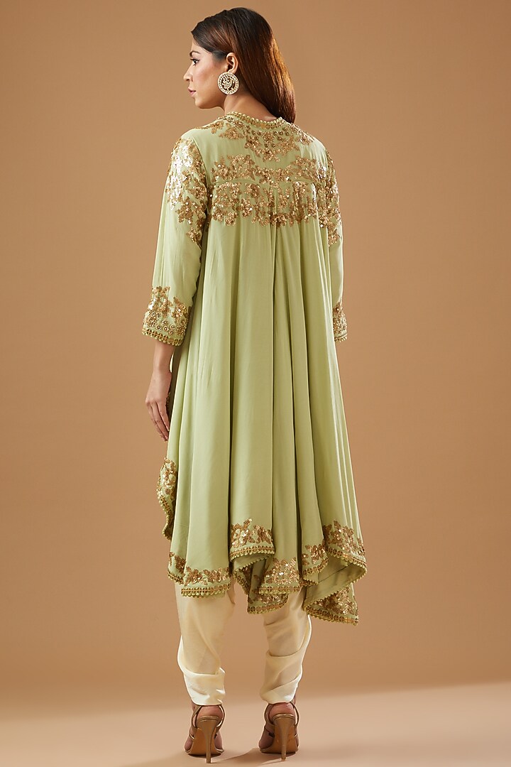 Green Chanderi Embroidered Jacket Set by Debyani at Pernia's Pop Up Shop