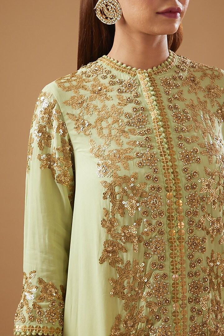Green Chanderi Embroidered Jacket Set by Debyani at Pernia's Pop Up Shop