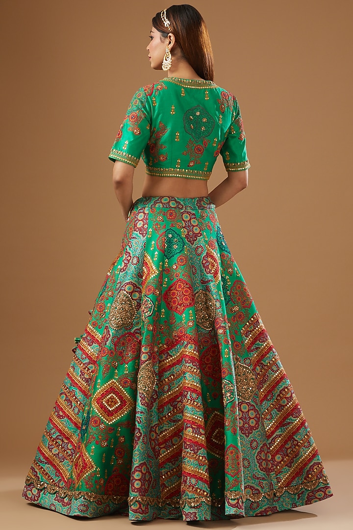 Green Chanderi Embroidered Bridal Lehenga Set by Debyani at Pernia's Pop Up Shop