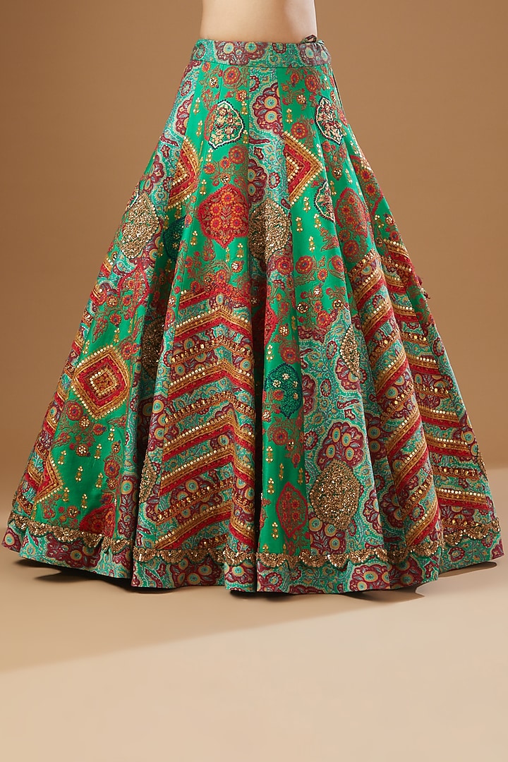 Green Chanderi Embroidered Bridal Lehenga Set by Debyani at Pernia's Pop Up Shop