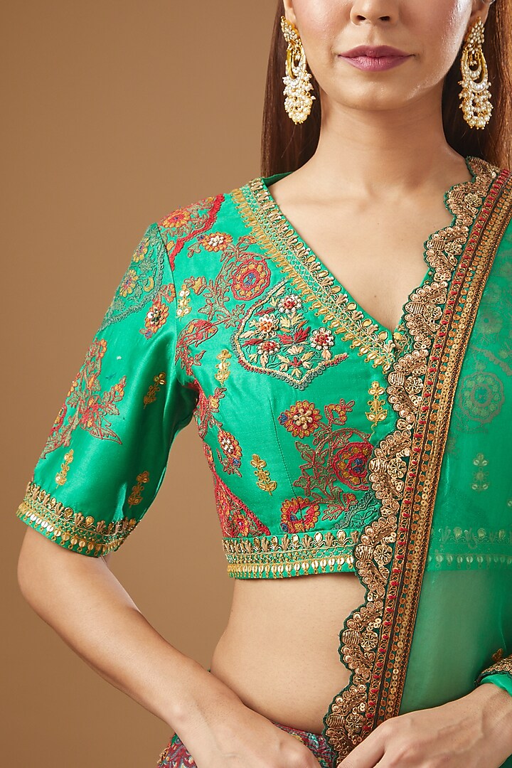 Green Chanderi Embroidered Bridal Lehenga Set by Debyani at Pernia's Pop Up Shop