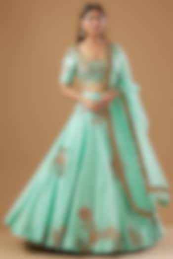 Blue Chanderi Embroidered Wedding Lehenga Set by Debyani at Pernia's Pop Up Shop