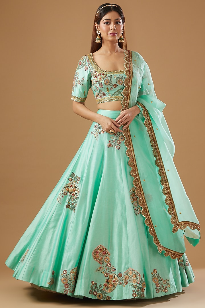 Blue Chanderi Embroidered Wedding Lehenga Set by Debyani at Pernia's Pop Up Shop