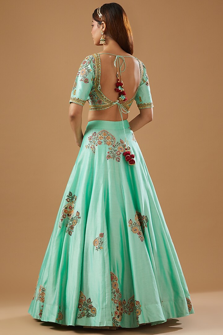 Blue Chanderi Embroidered Wedding Lehenga Set by Debyani at Pernia's Pop Up Shop