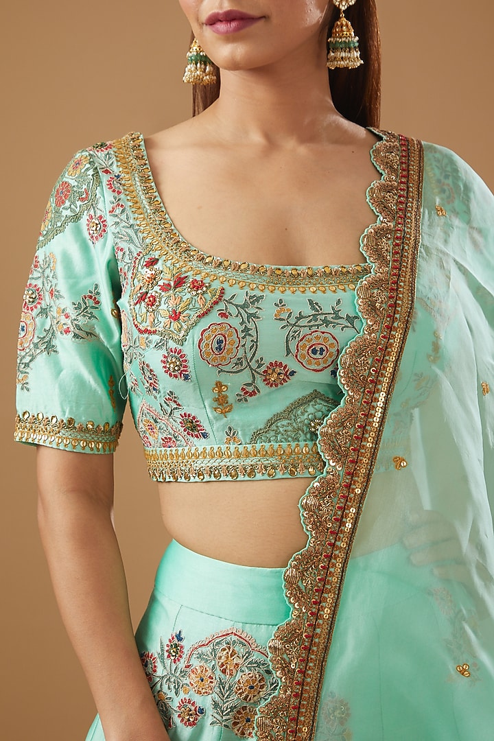Blue Chanderi Embroidered Wedding Lehenga Set by Debyani at Pernia's Pop Up Shop
