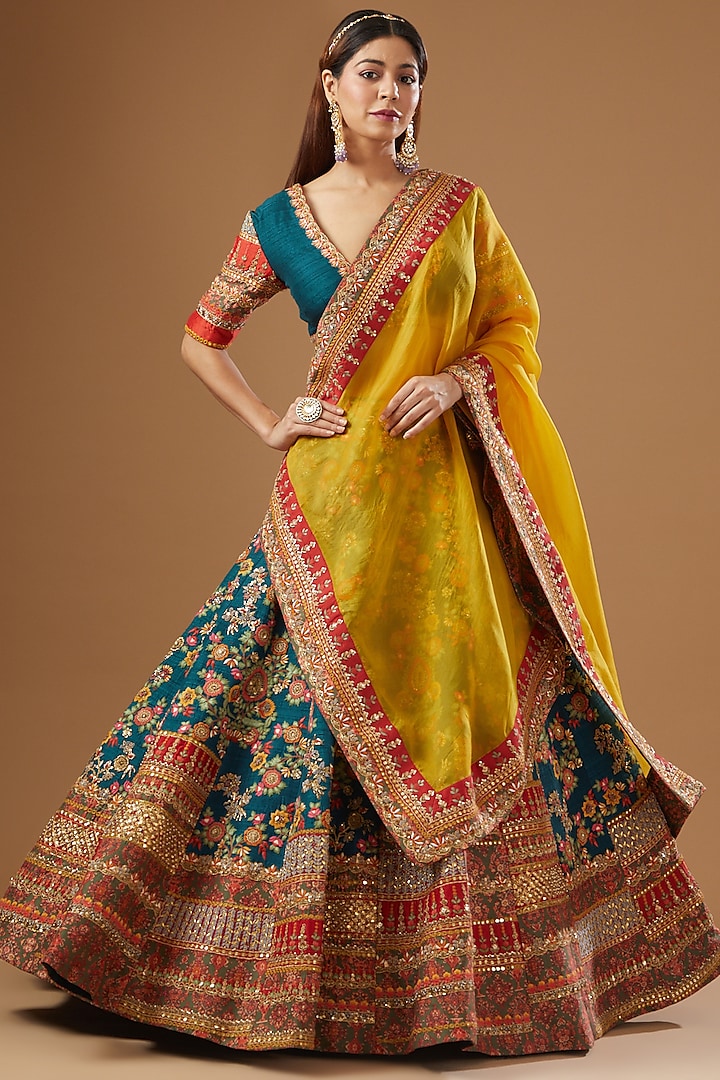 Blue Chanderi Embroidered Bridal Lehenga Set by Debyani at Pernia's Pop Up Shop