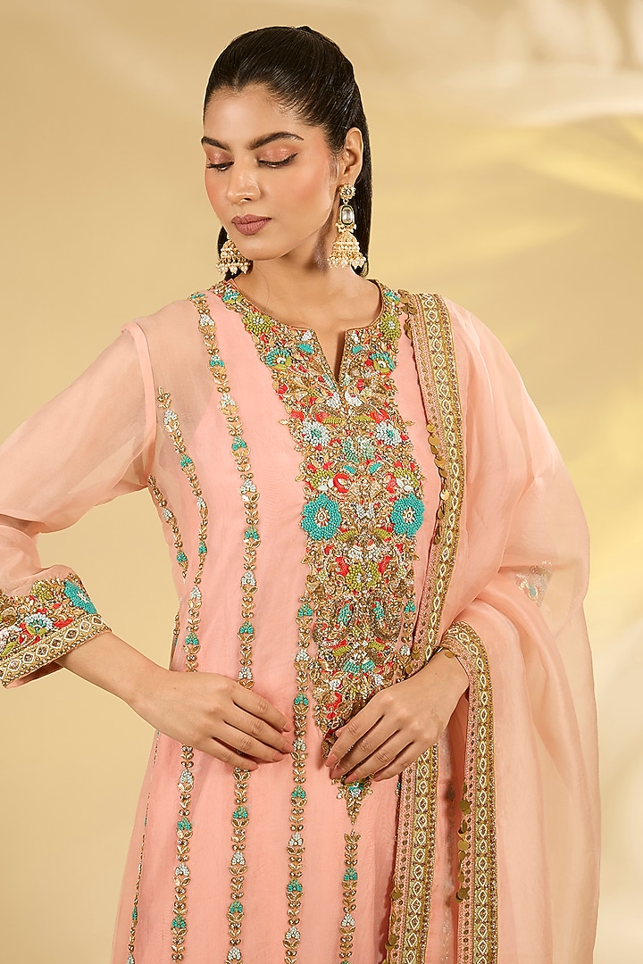 Blush Pink Silk Hand & Machine Embroidered Kurta Set by Debyani at Pernia's Pop Up Shop