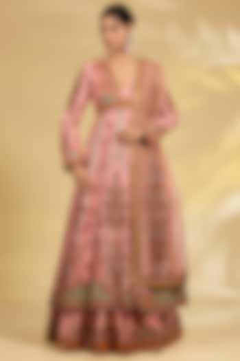 Blush Pink Silk Hand & Machine Embroidered Layered Bridal Anarkali Set by Debyani at Pernia's Pop Up Shop