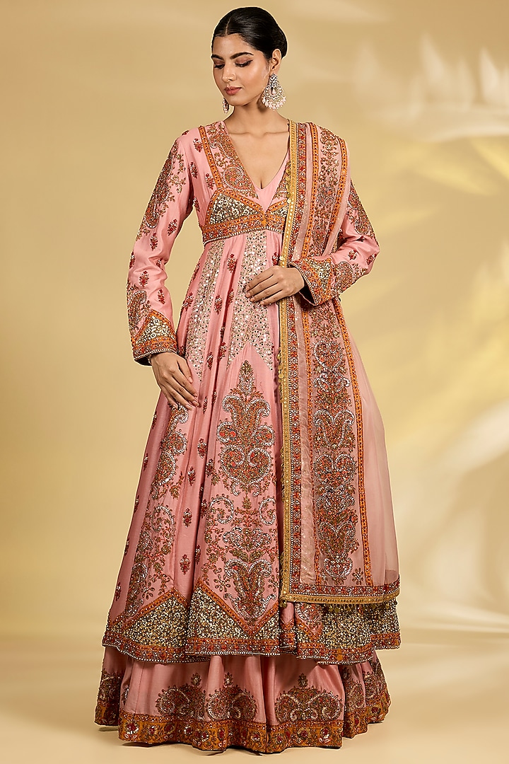 Blush Pink Silk Hand & Machine Embroidered Layered Bridal Anarkali Set by Debyani at Pernia's Pop Up Shop