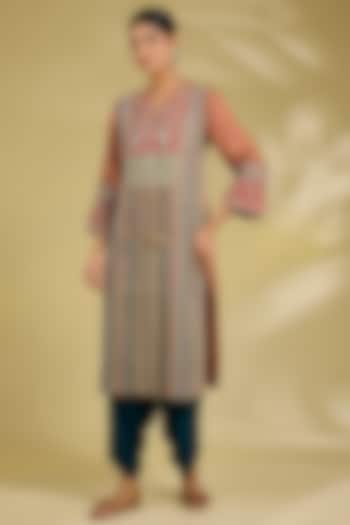 Multi-Colored Silk Embroidered Striped Kurta Set by Debyani at Pernia's Pop Up Shop