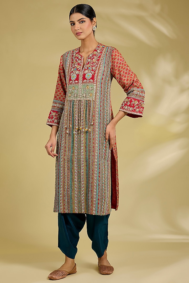 Multi-Colored Silk Embroidered Striped Kurta Set by Debyani at Pernia's Pop Up Shop