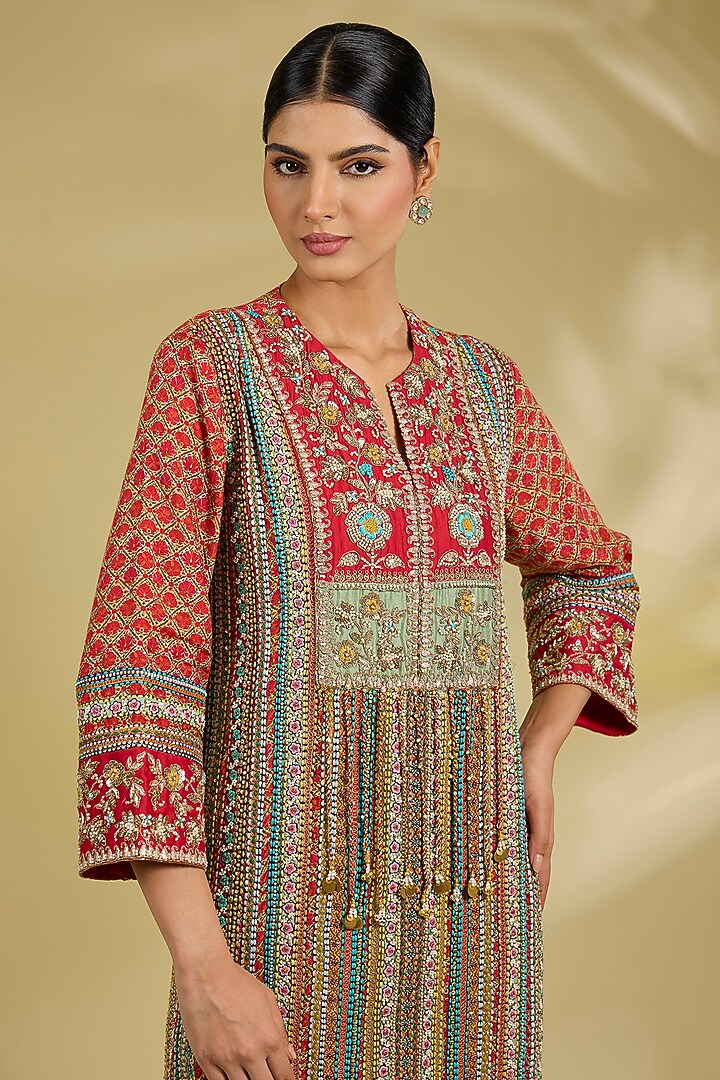 Multi-Colored Silk Embroidered Striped Kurta Set by Debyani at Pernia's Pop Up Shop